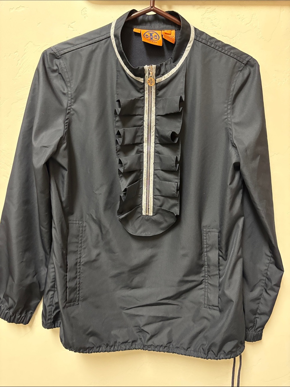 Tory Burch Black Ruffle-Front Pullover Jacket with Cream Trim